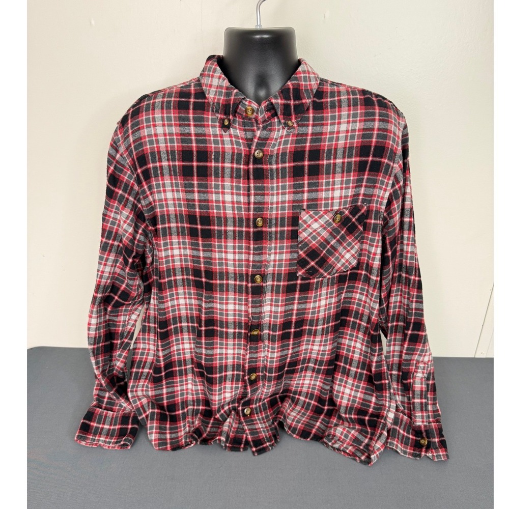 Field Stream Button Down Mens XL Red Black Plaid Flannel Long Sleeve Shirt